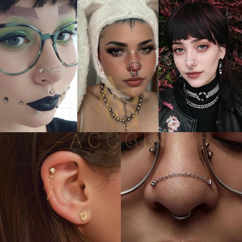 AccGin Store 20G Nose Rings Studs with Chain Piercing Across Double Nose Stud Nose Hoop Spike Heart Ball CZ Surgical Steel Nostril Piercing Jewelry for Women Men, Black Silver Gold - Image 3